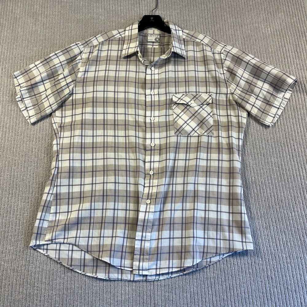 Vintage‎ 80s Levi's Shirt Men's L Plaid Gray Sawtooth Pocket Polyester Western